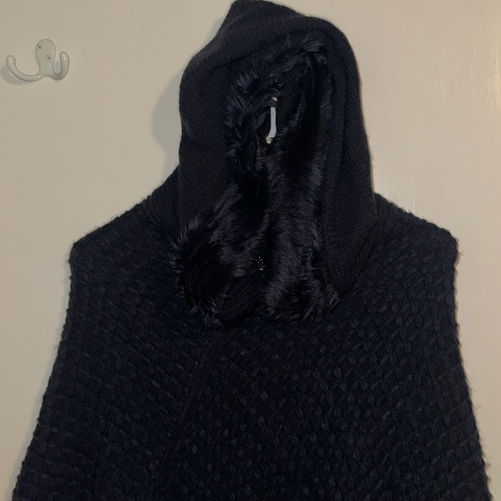 Navy Blue Fur-Hooded Poncho